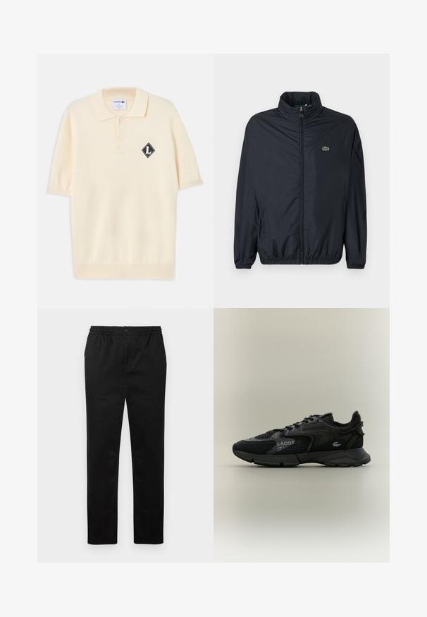 Veste coupe-vent noire avec un col montant, une fermeture éclair à l'avant et des poignets élastiques. Présente un petit logo vert sur la poitrine gauche. Matière légère.; Polo crème à manches courtes avec deux boutons et un écusson logo noir en forme de losange avec un "L" blanc sur la poitrine gauche.; Pantalon noir à jambes droites avec ceinture élastique, fermeture par bouton et poches latérales, présenté sur un fond blanc uni.; Sneaker Lacoste noir avec des panneaux en mesh et en daim, semelle noire, lacets, logo et texte coordonné sur le côté sur fond beige uni.