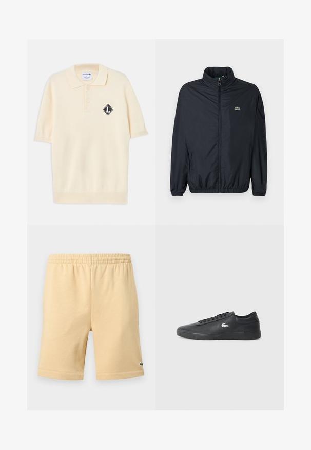 Veste coupe-vent noire avec un col montant, une fermeture éclair à l'avant et des poignets élastiques. Présente un petit logo vert sur la poitrine gauche. Matière légère.; Polo crème à manches courtes avec deux boutons et un écusson logo noir en forme de losange avec un "L" blanc sur la poitrine gauche.; Shorts décontractés beige avec taille élastique et petit logo vert brodé en bas de la jambe droite.; Sneaker en cuir noir avec bout arrondi, semelle plate et logo blanc sur le côté. Présente des lacets noirs et une finition lisse et mate.
