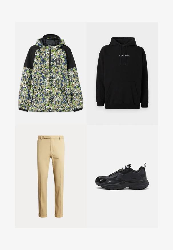 Jas met capuchon en halve rits, voorzien van een blauw, groen, wit en beige camouflagepatroon met zwarte schouderpanelen en ritszakken aan de voorkant.; Zwarte capuchontrui van een katoenmengsel, met een voorzak in kangarustijl en een wit "Volcom"-logo geborduurd op de borst.; Beige op maat gemaakte herenbroek met riemlussen en omgeslagen pijpen, getoond tegen een effen lichte achtergrond.; Zwarte hardloopschoen met een gestructureerde bovenkant, gladde synthetische accenten, dikke zool en reflecterende details. Bevat een vetersluiting en een trekband.
