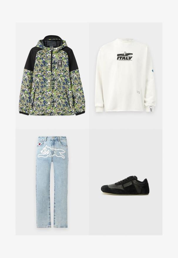 Jakke med hætte og halvlængde lynlås, prydet med blå, grøn, hvid og beige camouflage mønster samt sorte skulderpaneler og lynlåslommer foran.; Hvid langærmet sweatshirt med sort grafisktryk af "ITALY" og en karakter, lavet af struktureret stof og med ribbetræk ved ærmerne.; Icecream RUNNING DOG PANT - Jeans Straight Leg - heavy wash blue; Sorte sneakers lavet af ruskind og læder. Har en lav profil, rund snude, snørebåndsdesign og strukturerede detaljer. Sålene har skridsikre mønstre.