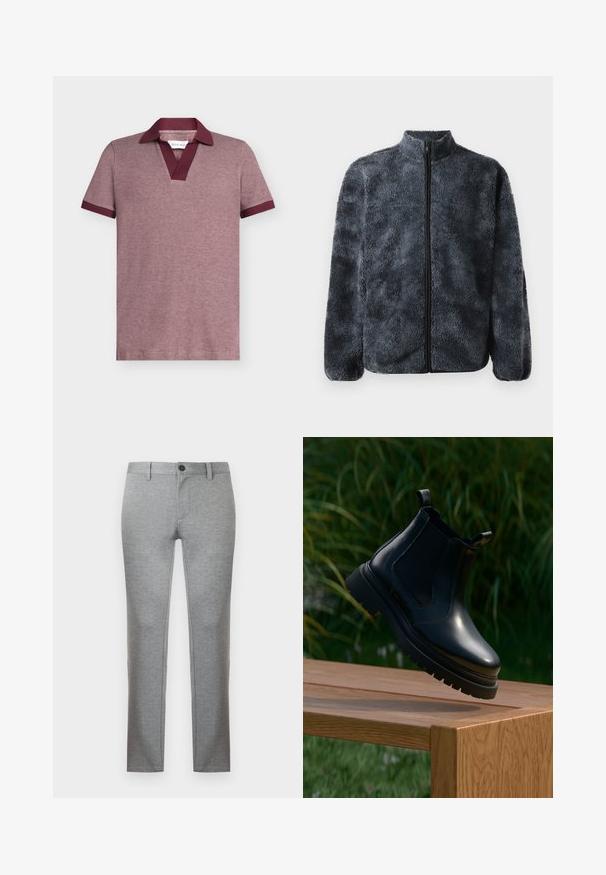 Chaqueta de forro polar en gris oscuro con cuello alto y cremallera frontal. Presenta una superficie suave y texturizada, así como puños elásticos para mayor comodidad.; Polo de manga corta en un tejido burdeos texturizado con cuello y puños en burdeos oscuro contrastante. Presenta un diseño con cuello en V.; Pantalones de corte recto de color gris claro con presillas para cinturón, cierre de botón y cremallera frontal oculta.; Botín Chelsea negro de cuero con puntera redondeada, suela de goma gruesa y paneles elásticos laterales, exhibido sobre una superficie de madera con verdor al fondo.