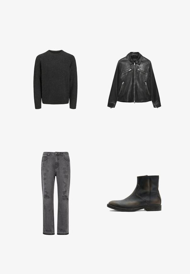 Veste en cuir noire avec quatre poches zippées argentées et une fermeture éclair avant, dotée d'un col classique et de manches longues.; Pull en maille côtelée gris foncé avec des manches longues et un col rond, fabriqué à partir d'un matériau en tricot texturé. Design simple et classique.; Jean en denim gris, coupe droite avec un délavage usé, présentant des déchirures visibles et un ourlet légèrement effiloché, fermé par un bouton argenté.; AllSaints LANG - Bottines - brown