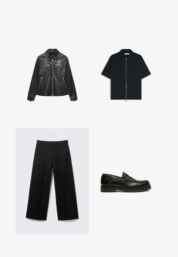 Veste en cuir noire avec quatre poches zippées argentées et une fermeture éclair avant, dotée d'un col classique et de manches longues.; Chemise noire à manches courtes avec col et fermeture éclair argentée intégrale à l’avant, présentée à plat sur fond blanc.; Pantalon large noir avec passants pour ceinture, poches avant et fermeture éclair, présenté sur un fond gris clair.; Mocassin en cuir noir avec un design cousu, profil bas et semelle en caoutchouc texturé. Présente une large bande sur le devant et une finition lisse.