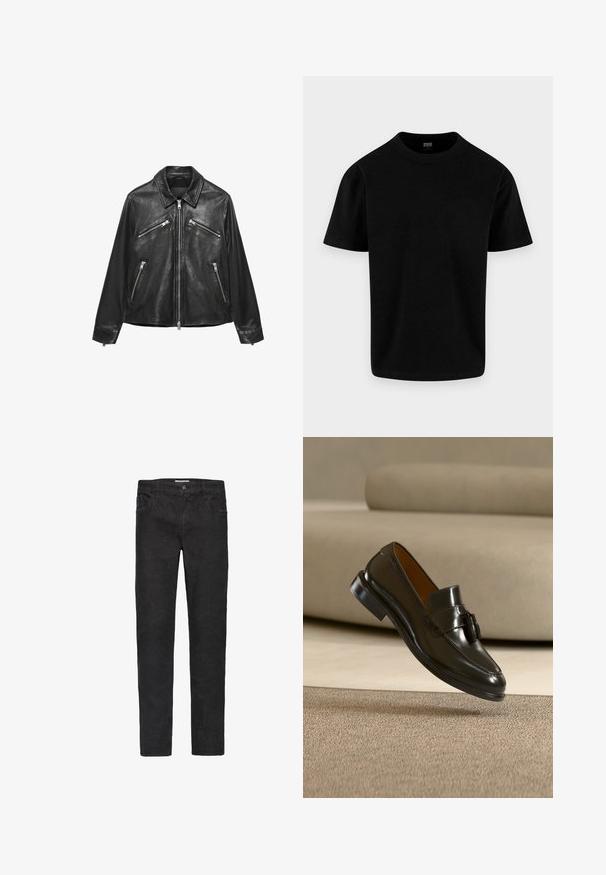 Schwarze Lederjacke mit vier silbernen Reißverschlusstaschen und einem Reißverschluss vorne, mit klassischem Kragen und langen Ärmeln.; Schlichtes schwarzes Kurzarm-Baumwoll-T-Shirt mit Rundhalsausschnitt und regulärer Passform, dargestellt auf einem hellgrauen Hintergrund.; Schwarze Denim-Jeans mit geradem Schnitt. Zu den Merkmalen gehören fünf Taschen, ein Knopfverschluss und dezente Nähte entlang der Säume.; Schwarzer Ledertasselloafer, der über einem beigen Teppich schwebt, im Hintergrund ein beiges Sofa.