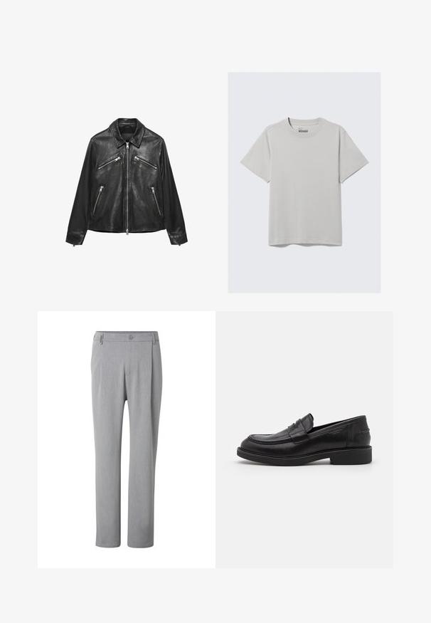 Chaqueta de cuero negra con cuatro bolsillos plateados con cremallera y cierre delantero con cremallera, con cuello clásico y mangas largas.; Camiseta de algodón gris claro con cuello redondo y mangas cortas, que presenta un diseño minimalista y un corte relajado. Sin estampados ni acentos.; Pantalones gris claro de pierna recta con botón y trabillas, mostrados de frente sobre un fondo blanco.; Mocasines de cuero negro con puntera redondeada, costuras tonales y un detalle de tira en la parte frontal. Suela de goma con un tacón bajo.