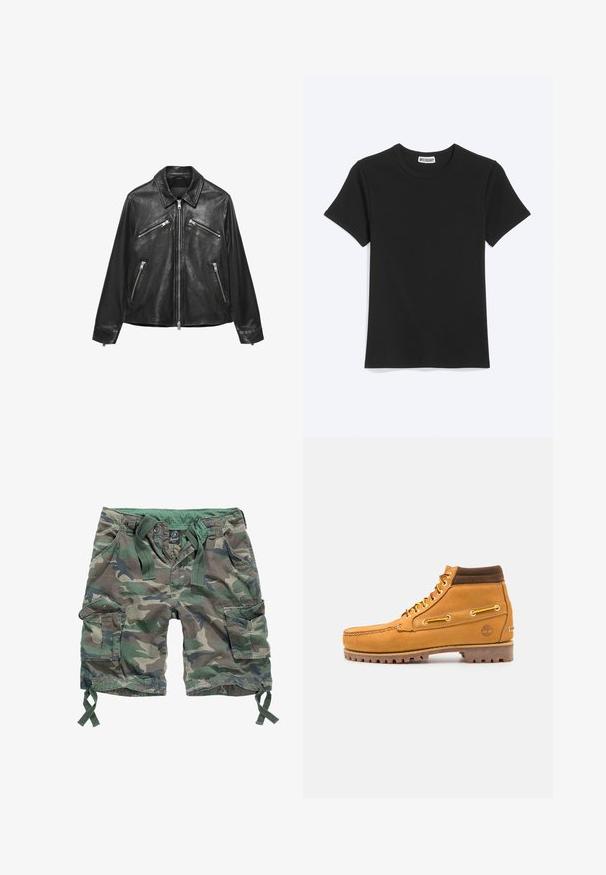 Chaqueta de cuero negra con cuatro bolsillos plateados con cremallera y cierre delantero con cremallera, con cuello clásico y mangas largas.; Camiseta negra lisa de manga corta con cuello redondo y etiqueta de la marca Weekday dentro del cuello, mostrada sobre un fondo blanco.; Pantalones cortos cargo en un patrón de camuflaje, con múltiples bolsillos, cintura elástica con cordones y material de algodón.; Timberland AUTHENTIC MID LACE BOOT - Botines con cordones - wheat