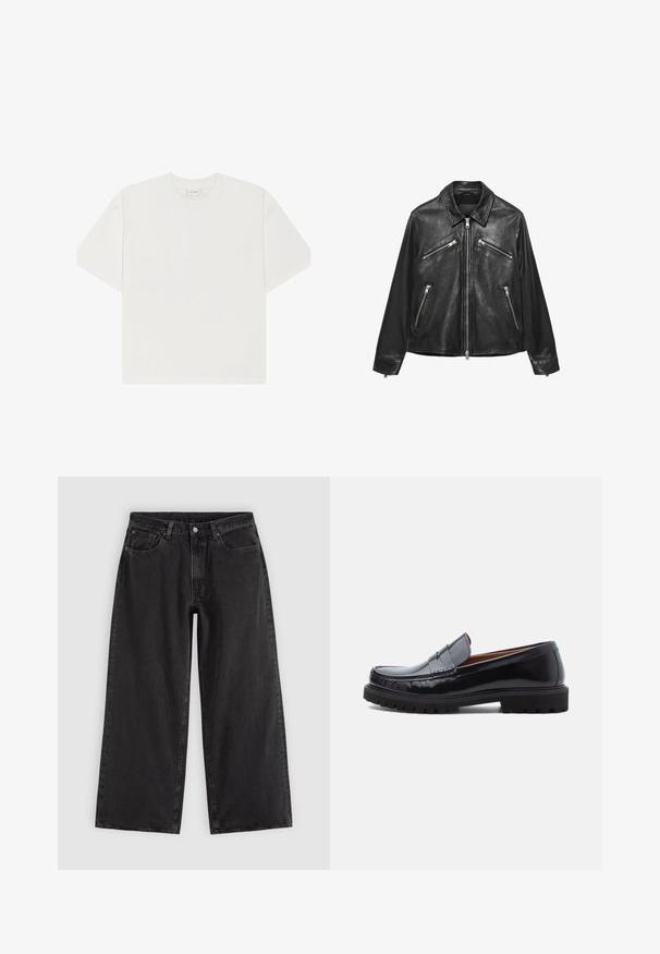 Black leather jacket with four silver zippered pockets and a front zipper closure, featuring a classic collar and long sleeves.; White cotton T-shirt with a crew neck, short sleeves, and a loose fit. Smooth texture with no noticeable patterns or hardware.; Black wide-leg denim jeans with front pockets, belt loops, and button closure, displayed on a plain light background.; Black leather penny loafer with chunky rubber sole and moc toe stitching, shown in profile on a white background.