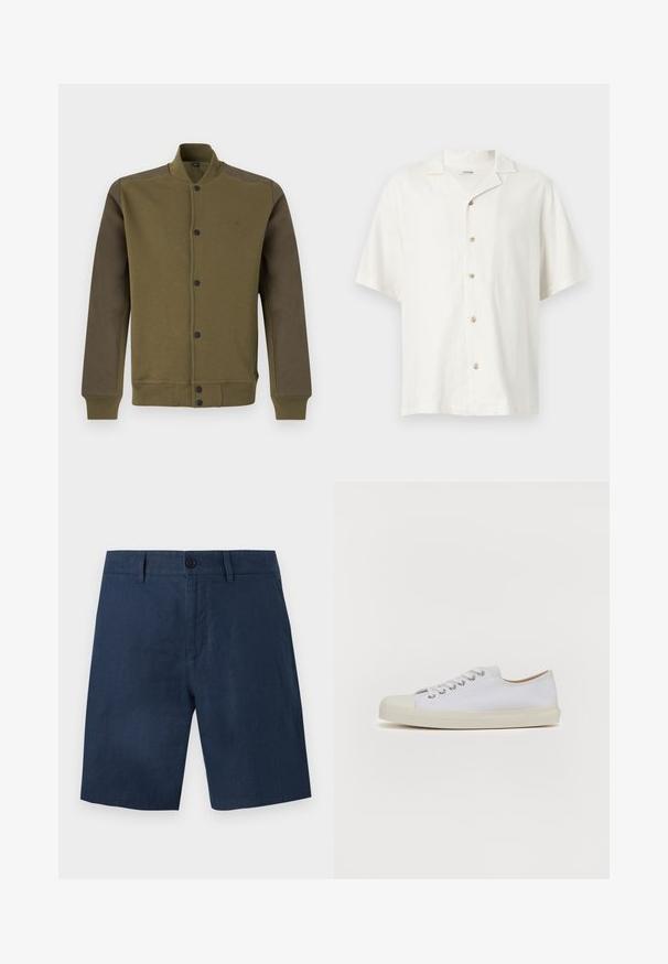 Blouson bomber vert olive avec manches vert foncé, boutons-pression devant, col, poignets et bas côtelés.; Chemise blanche à manches courtes avec col camp et cinq boutons beige centrés à l'avant.; Shorts pour hommes bleu marine avec fermeture par bouton, passants pour ceinture et poches latérales, présentés à plat sur fond blanc.; Baskets en toile blanches avec bout rond, semelle plate en caoutchouc crème, six oeillets pour les lacets et détails de couture subtils sur la tige.