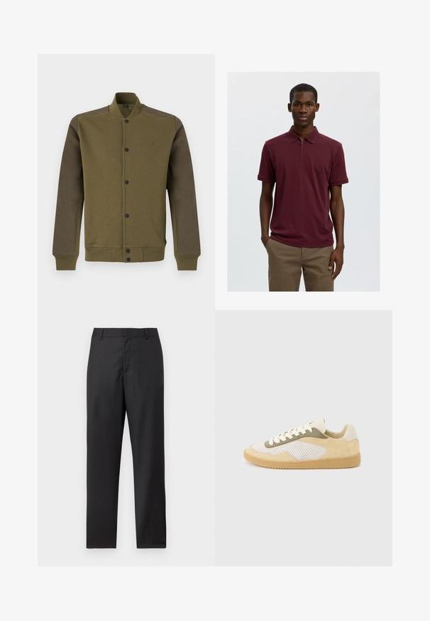 Blouson bomber vert olive avec manches vert foncé, boutons-pression devant, col, poignets et bas côtelés.; Jeune homme portant un polo bordeaux à manches courtes avec une fermeture éclair à l’avant et un pantalon beige, debout devant un fond clair uni.; Pantalon de costume noir à jambes droites, passants pour ceinture et fermeture frontale dissimulée, présenté sur un fond blanc.; Baskets basses en daim beige, panneaux en maille blanche, accents olive, lacets blancs et semelle en caoutchouc naturel sur fond gris clair.