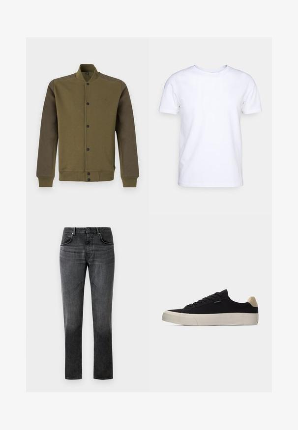 Blouson bomber vert olive avec manches vert foncé, boutons-pression devant, col, poignets et bas côtelés.; T-shirt blanc à manches courtes en tissu de coton avec un col rond. Design simple sans motifs ni accents. Texture lisse.; Jean en denim noir à coupe droite, design à cinq poches et décoloration subtile. Équipé d'une fermeture à bouton et de passants de ceinture. Texture lisse.; Baskets basses noires avec languette beige au talon, semelle en caoutchouc blanche épaisse, lacets noirs et petite étiquette "PS Paul Smith" sur le côté.