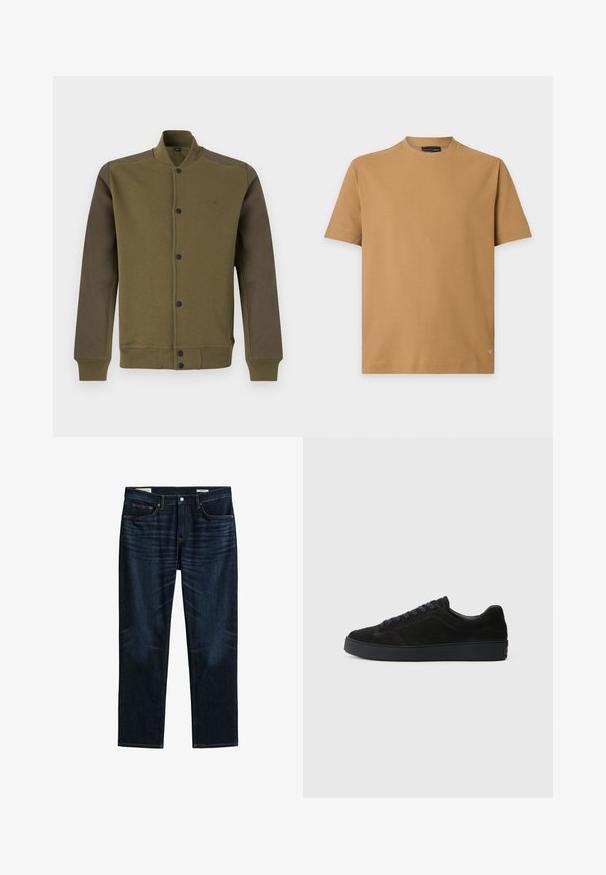 Blouson bomber vert olive avec manches vert foncé, boutons-pression devant, col, poignets et bas côtelés.; T-shirt marron camel à manches courtes avec col rond, motif subtil en chevrons et petit logo près de l'ourlet inférieur.; Jean bleu foncé à jambes droites avec poches avant et arrière, fermeture par boutons et détails de whiskering subtils sur les cuisses.; Basket en suède noire avec une semelle plate et texturée, un bout rond, six œillets pour les lacets et un design minimaliste.