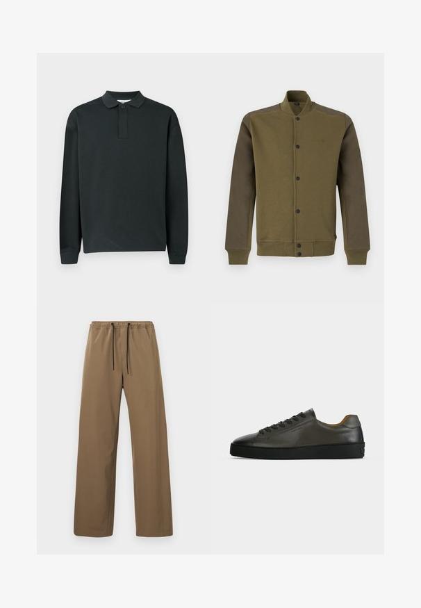Blouson bomber vert olive avec manches vert foncé, boutons-pression devant, col, poignets et bas côtelés.; Polo shirt noir à manches longues avec une patte de boutonnage à un seul bouton et des poignets côtelés, présenté sur un fond clair.; Pantalon marron à coupe droite avec taille élastique et cordons noirs, présenté sur un fond clair uni.; Basket basse en cuir gris foncé avec lacets et semelle noirs, design minimaliste, profil latéral sur un fond clair uni.