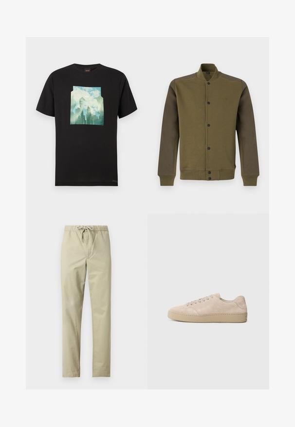 Blouson bomber vert olive avec manches vert foncé, boutons-pression devant, col, poignets et bas côtelés.; T-shirt en coton noir avec un motif graphique représentant un paysage bleu et vert, incluant des arbres et des nuages, centré sur le devant.; Pantalon beige clair avec une ceinture élastique et un cordon de serrage. Fabriqué en tissu doux, doté de jambes droites et sans poches ni motifs.; Baskets en daim beige avec un bout rond, des lacets plats et une semelle en caoutchouc texturé. Design minimaliste avec des bords lisses et des coutures discrètes.
