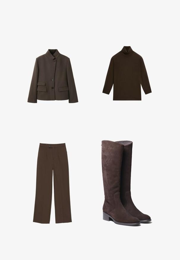 Veste marron cintrée avec un col montant, trois boutons noirs et deux poches à rabat de chaque côté à l'avant.; Pull à col roulé marron foncé à manches longues avec col et bas côtelés, posé à plat sur un fond blanc.; Pantalon droit marron avec fermeture devant par bouton et zip, présentant des lignes nettes, ajustées et une taille mi-haute.; Bottes en daim marron jusqu'au genou avec un embout légèrement arrondi et un petit talon carré. Présente des détails de couture discrets sur les côtés.
