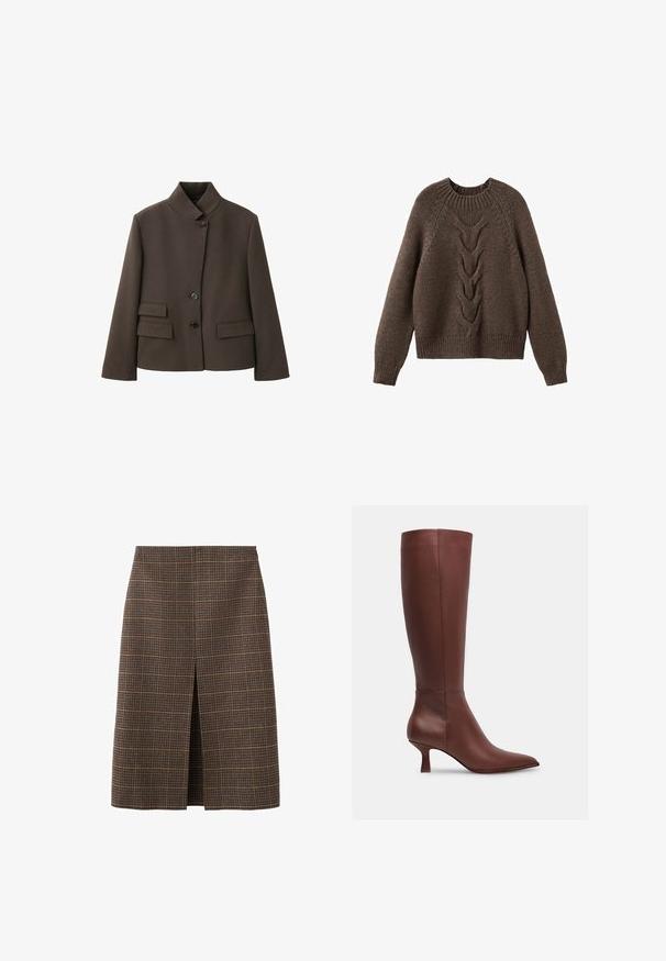 Veste marron cintrée avec un col montant, trois boutons noirs et deux poches à rabat de chaque côté à l'avant.; Pull en tricot marron avec un col rond, des manches longues et un motif en torsades sur le devant. Ourlets et poignets côtelés.; Jupe à carreaux marron avec une coupe droite, longueur genou, dotée d'une fente à l'avant. Le tissu a une finition texturée avec des contrastes de couleurs subtils.; Botte en cuir marron montant jusqu'au genou, avec un bout pointu et un talon effilé. Texture lisse sans motifs visibles ni accents en métal.