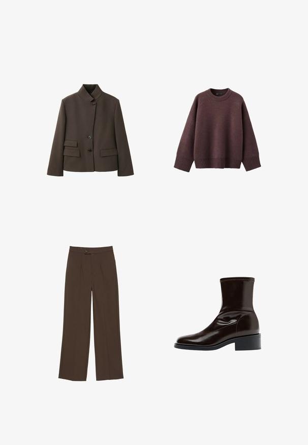 Brun skræddersyet jakke med høj krave, tre sorte knapper og to klaplommer på hver side foran.; Løs pasform sweater i mørk bordeaux, lavet af blødt strikket stof. Har en ribstrikket rund hals, vide ærmer og en ribstrikket kant.; Brune bukser med vide ben, med frontknap og skjult lynlås, med pressede folder langs benene.; Mørkebrun læderankelstøvle med firkantet tå, lav blokhæle og stikning langs øverste kant, vist i sideprofil.