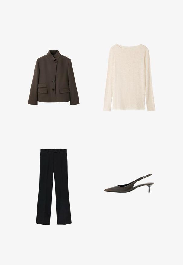 Chaqueta marrón a medida con cuello alto, tres botones negros y dos bolsillos con solapa en cada lado al frente.; Top de punto beige claro de manga larga con escote barco y una textura jaspeada sutil.; Pantalones negros con un diseño de pierna recta, fabricados en tejido suave. Presentan una cinturilla con pasadores para cinturón y sin marcas ni adornos visibles.; Zapato slingback de cuero negro con puntera puntiaguda, tacón bajo estilo kitten y una pequeña correa ajustable con hebilla.