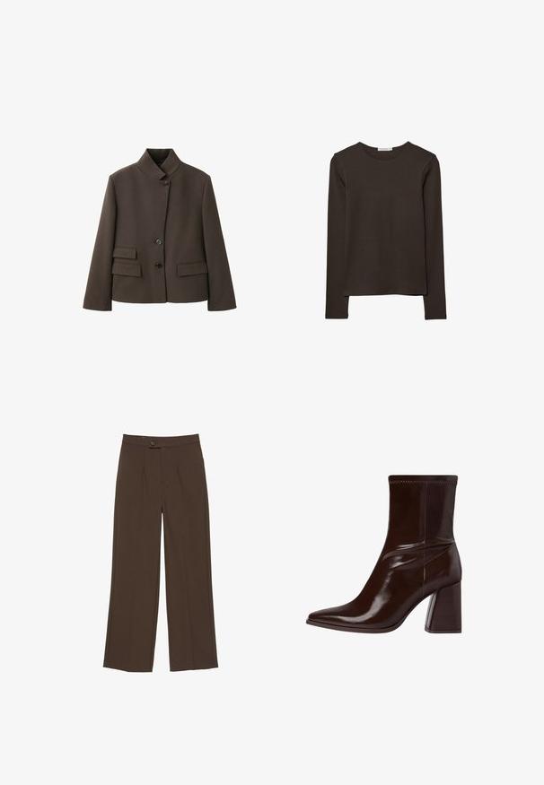 Veste marron cintrée avec un col montant, trois boutons noirs et deux poches à rabat de chaque côté à l'avant.; Haut à manches longues de couleur marron foncé en tissu doux. Il présente un col arrondi et un ourlet droit, sans motifs ni accents visibles.; Pantalon large marron avec un bouton à l'avant et une fermeture éclair dissimulée, présentant des plis marqués le long des jambes.; Bottine en cuir verni marron avec un bout pointu, une cheville élastique et un talon bloc épais. Design élégant avec une texture lisse.