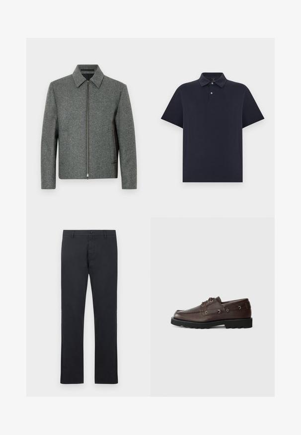 Grå uldblandingsjakke med lynlås foran, flad krave og to sidelommer. Har et rent, struktureret design og glat tekstur.; Sort kortærmet polo-shirt med to-knaps lukning og klassisk krave på en ensfarvet lys baggrund.; Herrebukser i sort med lige ben, bæltestropper, knaplukning og forlommer, vist mod en hvid baggrund.; Mørkebrun læder bådsko med sort robust sål og snørebånd, vist i sideprofil på en ensfarvet lys baggrund.