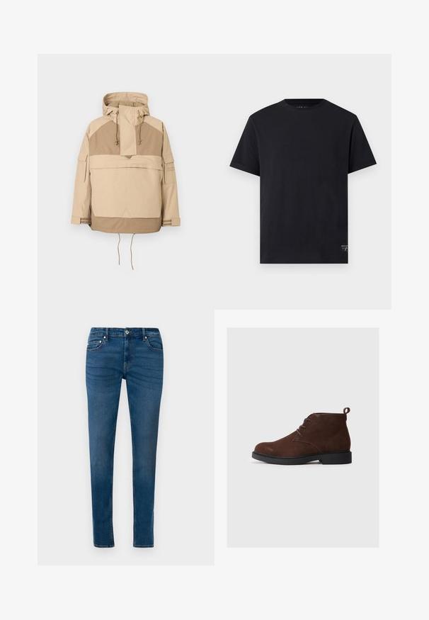 Beige hættejakke med halv-zip foran, stor frontlomme og justerbare snore i kanten og hætten. Har kontrasterende paneler.; Sort T-shirt med korte ærmer og rund halsudskæring med en lille rektangulær logo-patch nær den nederste kant på en lys baggrund.; Blå denim skinny jeans med frontknaplukning, bæltestropper og for- samt baglommer, vist mod en hvid baggrund.; Brune ruskindsankelstøvler med rund tå, snøredesign og en lille hæl. Har en løkke bagpå for nem påtagning.