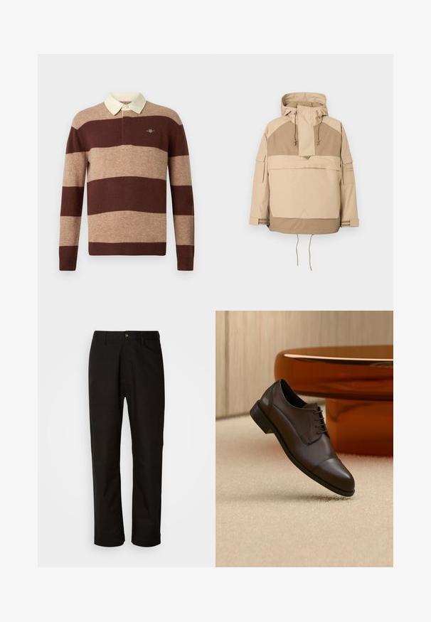 Beige Kapuzenjacke mit einem halben Reißverschluss an der Vorderseite, großer Fronttasche und verstellbaren Kordeln am Saum und der Kapuze. Mit kontrastierenden Einsätzen.; Langärmliges Rugby-Shirt mit breiten horizontalen braunen und beige gestreiften Mustern sowie einem cremefarbenen Kragen, das ein kleines gesticktes Logo auf der Brust präsentiert.; Schwarze Baumwollhosen mit geradem Schnitt, Gürtelschlaufen, einem Reißverschluss vorne und einem einzelnen Knopfverschluss. Glatte Textur ohne sichtbare Muster.; Dunkelbrauner Leder-Oxfordschuh mit Kappzehe schwebt über einem beigen Teppich, im Hintergrund ein bernsteinfarbener ovaler Kaffeetisch.