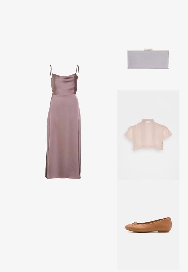 VILA VIKATHRINA CROPPED BOLERO - Chaqueta fina - misty rose; Vestido de satén en color malva, con tirantes finos, un corpiño ajustado y una abertura lateral que llega a la mitad de la pantorrilla. Textura suave y diseño minimalista.; Bailarina de piel color marrón claro con punta redondeada, un pequeño lazo decorativo en la parte delantera y una suela de goma flexible para mayor comodidad.; Clutch rectangular de lavanda hecho de material texturizado con bordes lisos. Presenta un cierre de clasp plateado en la parte superior.