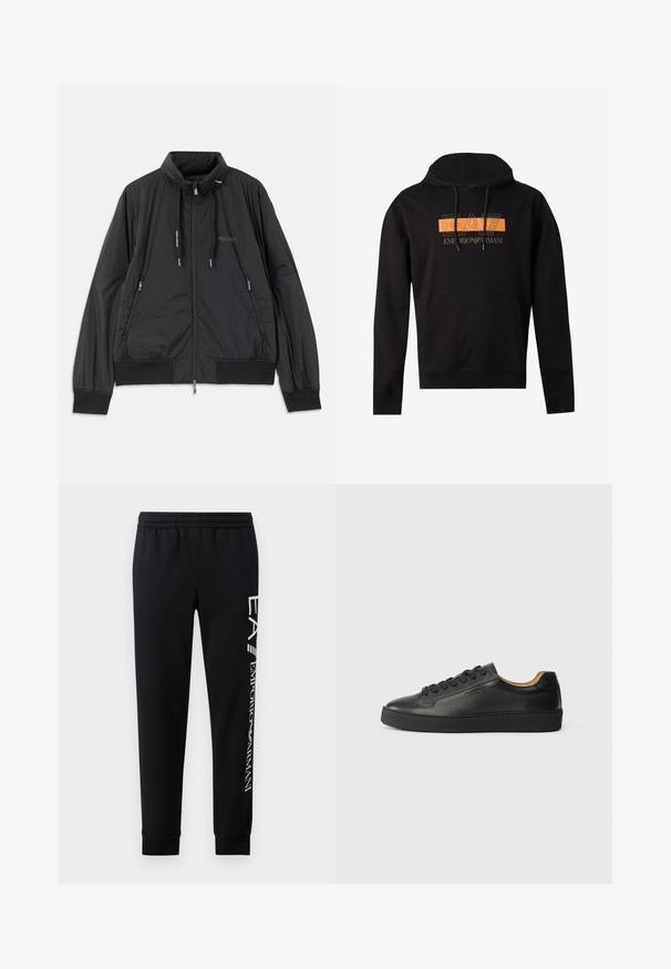 Čierna ľahká zipsová bunda so stojačikom, bočnými zipsovými vreckami, šnúrkami, rebrovanými manžetami a logom Armani Exchange na hrudi.; Čierna mikina s kapucňou a dlhými rukávmi, predným vreckom, čiernymi šnúrkami a oranžovo-bielym logom "EA7 Emporio Armani" na hrudi.; Čierne tepláky vyrobené z bavlnenej zmesi, s elastickým pásom, zúženými nohavicami, ribovanými manžetami a bielym logom na boku.; Čierne nízke kožené tenisky s textúrovaným povrchom, čiernymi šnúrkami a hrubou gumenou podrážkou, zobrazené z boku na svetlom pozadí.