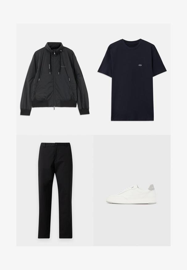 Chaqueta negra ligera con cremallera y cuello alzado, bolsillos laterales con cremallera, cordones, puños de canalé y logo de Armani Exchange en el pecho.; Camiseta de algodón de color azul marino con mangas cortas y cuello redondo. Presenta un pequeño logo blanco "A|X" en la parte izquierda del pecho.; Pantalones rectos negros con cierre de botón y cremallera, pasadores para cinturón y bolsillos delanteros, exhibidos sobre un fondo blanco.; Zapatilla blanca de corte bajo con pestaña en el talón gris, cordones blancos y suela texturizada, presentada sobre un fondo claro y liso.