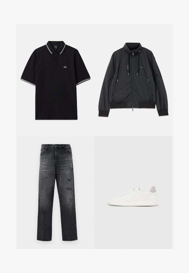 Čierna ľahká zipsová bunda so stojačikom, bočnými zipsovými vreckami, šnúrkami, rebrovanými manžetami a logom Armani Exchange na hrudi.; Čierna polo košeľa vyrobená z bavlny, so golierom na dva gombíky, bielymi pruhovanými akcentmi na rukávoch a logom na hrudi.; Čierne deninové nohavice s uvolneným strihom, s vyblednutým dizajnom a poškodenými záplaty. Štandardný strih s piatimi vreckami a zapínaním na gombík.; Biela nízka teniska so sivým pätovým pásikom, bielymi šnúrkami a členitou podrážkou, zobrazená na jednoduchom svetlom pozadí.