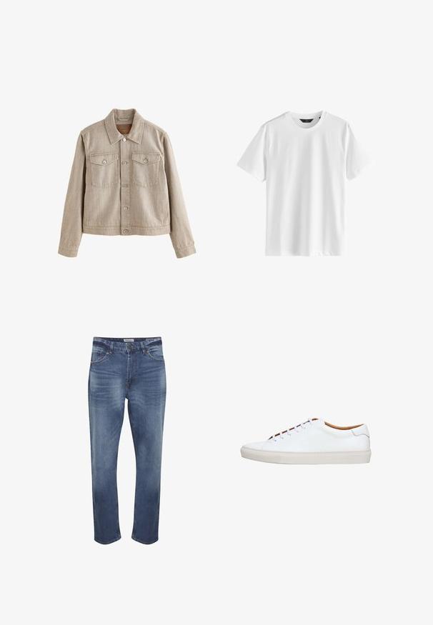 Lys beige denimjakke med lange ærmer, knaplukning foran, to brystlommer med klap og knapper samt en spids krave.; Hvid bomuld t-shirt med korte ærmer og rund hals. Glat tekstur, enkelt design, ingen synlige mønstre eller detaljer.; Denimjeans i mellemblå med en falmet finish, fem-lomme design, lynlås og standard lige ben skæring. Distinkt syninger detaljer.; Hvid lædersneaker med en tekstureret gummisål, rund tå og kontrasterende tanfarvet inderside. Har fem snørehuller og hvide snørebånd.