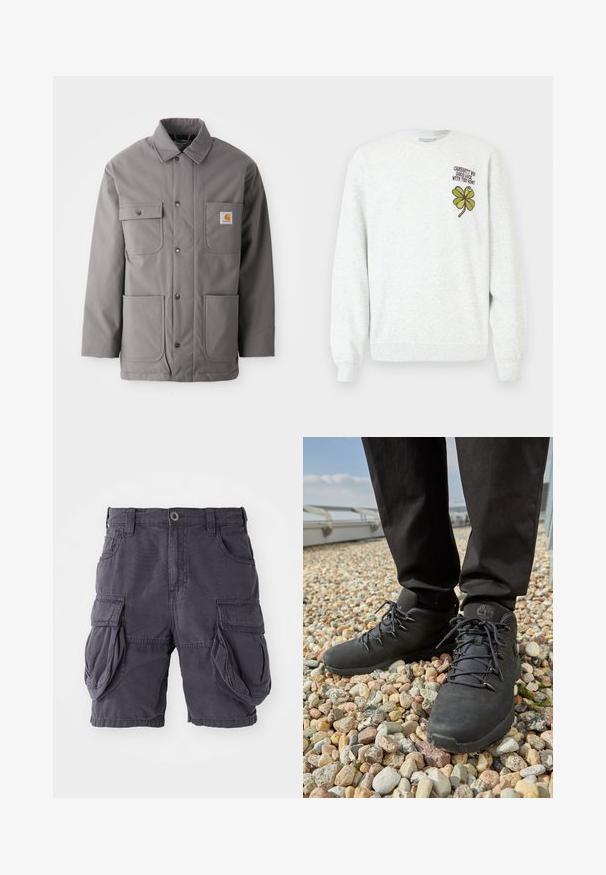 Veste grise résistante à l'eau avec une fermeture à boutons, deux poches sur la poitrine et deux poches inférieures. Elle possède un col standard et un patch logo.; Sweat-shirt gris en tissu texturé, doté d'un col rond, de manches longues, avec un motif graphique de trèfle à quatre feuilles vert et un texte sur la poitrine.; Shorts cargo en coton gris foncé, avec une coupe classique, plusieurs poches latérales et une fermeture à bouton à l'avant. Texture lisse.; Chaussures de randonnée noires en cuir texturé, avec des lacets robustes et un col de cheville rembourré, portées avec un pantalon sombre sur une surface de gravier.