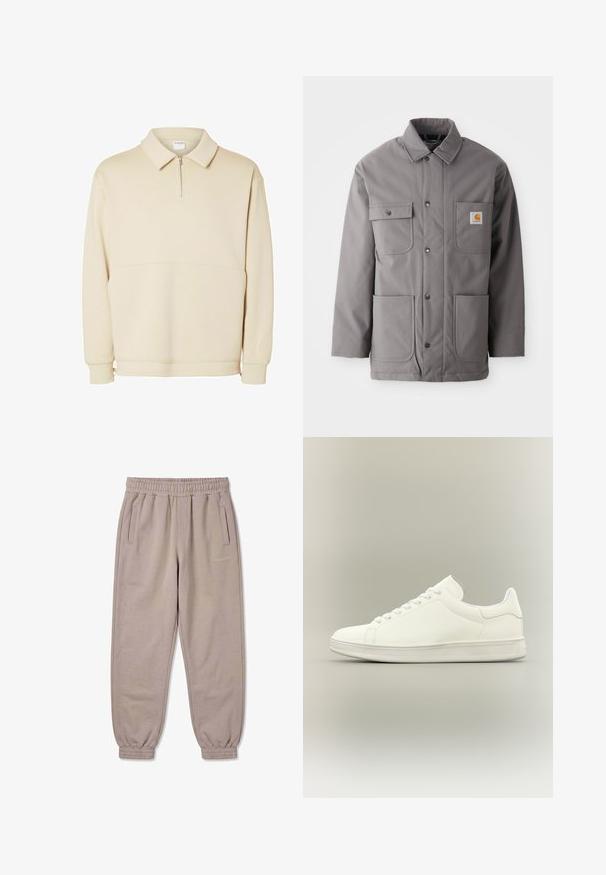 Grå, vandafvisende jakke med knaplukning, to brystlommer og to nederste lommer. Har en standard krave og et logo-patch.; Beige pullover sweatshirts lavet af blødt stof, med lynlås i halsen, krave og en afslappet pasform med en simpel vandret sømdetalje.; Beige joggingbukser med elastisk talje og manchetter, sidelommer og lille "PECADOR" logo på højre lår.; Minimalistisk hvid lavtop sneaker med snørebånd, glat læderoverdel og tekstureret gummisål vist på neutral baggrund.