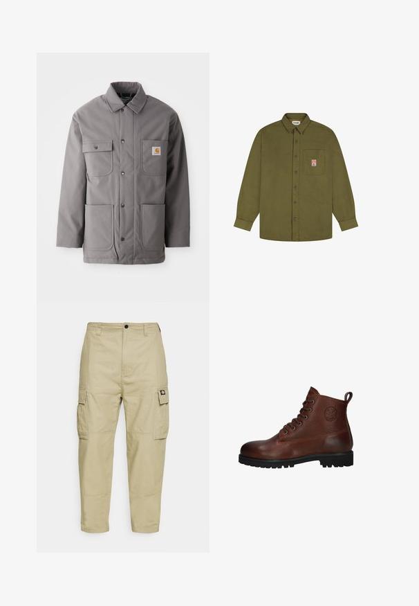 Grå, vandafvisende jakke med knaplukning, to brystlommer og to nederste lommer. Har en standard krave og et logo-patch.; Wrangler LOOSE FIT - Skjorter - beech; Beige cargo bukser lavet af slidstærkt stof, med to sidelommer, knaplukning og smalle ben med en glat overflade.; Brune læder ankelstøvle med en struktureret overflade, seks snørrehuller, en sort gummisål og en løkke for nem påtagning.
