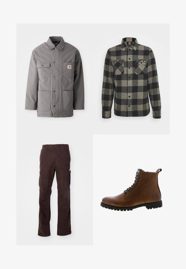 Grau, wasserabweisende Jacke mit Knopfverschluss, zwei Brusttaschen und zwei unteren Taschen. Verfügt über einen klassischen Kragen und ein Logo-Patch.; Schwarzes und graues kariertes Flanellhemd mit langen Ärmeln, Knopfverschluss vorne, zwei Brusttaschen und einem leicht abgerundeten Saum. Strukturiert. ; Braune Cargo-Hose aus robustem Baumwollstoff, mit seitlichen Taschen, einer lässigen Passform und geraden Beinen mit sichtbaren Nähten.; Braune Lederstiefeletten mit strukturiertem Finish, metallischen Ösen und schwarzer Gummisohle. Mit Zuglasche hinten für einfaches An- und Ausziehen.