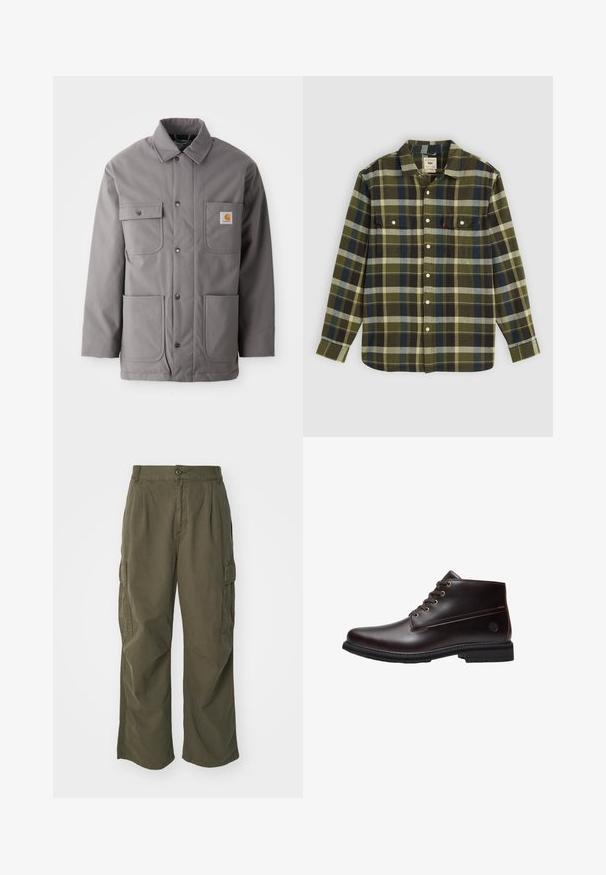 Chaqueta gris, resistente al agua, con cierre de botones en el frente, dos bolsillos en el pecho y dos bolsillos inferiores. Cuenta con un cuello estándar y un parche con el logotipo.; Camisa de franela cuadriculada verde con mangas largas, que cuenta con dos bolsillos en el pecho y botones blancos. El material tiene una textura suave y un diseño casual.; Pantalones cargo en verde oliva, fabricados en algodón, con un diseño de pierna ancha, pliegues y bolsillos laterales para mayor utilidad.; Botín de cuero marrón oscuro con cordones, suela negra y logo sutil de la marca en el lateral, mostrado de perfil sobre un fondo blanco.
