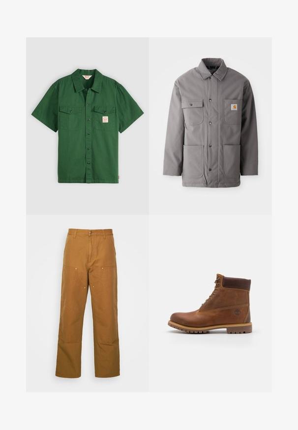 Chaqueta gris, resistente al agua, con cierre de botones en el frente, dos bolsillos en el pecho y dos bolsillos inferiores. Cuenta con un cuello estándar y un parche con el logotipo.; Camisa de algodón verde de manga corta con botones en la parte delantera, dos bolsillos en el pecho y una pequeña etiqueta en el bolsillo izquierdo. Sencilla, sin patrones.; Pantalones utilitarios de algodón marrón con un diseño de pierna recta, que cuentan con bolsillos frontales y acentos de metal para mayor durabilidad.; Botas de senderismo de cuero marrón con un acabado suave, tobillo acolchado, ojales de metal y suela de goma con un patrón de tracción robusto.