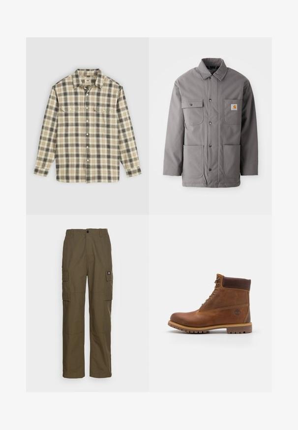 Grå, vandafvisende jakke med knaplukning, to brystlommer og to nederste lommer. Har en standard krave og et logo-patch.; Langærmet ternet skjorte i beige, sort og brun stof, med knaplukning, to brystlommer og klassisk krave-design.; Cargo bukser i olivengrøn, lavet af slidstærkt stof. Har to sidelommer, en standard talje og en lige ben design.; Brun læder vandrestøvle med en glat finish, polstret ankel, metalliske snørehuller og en gummisål med et robust dækmønster.
