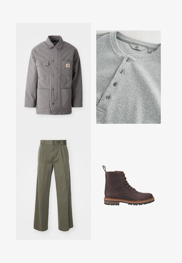Grau, wasserabweisende Jacke mit Knopfverschluss, zwei Brusttaschen und zwei unteren Taschen. Verfügt über einen klassischen Kragen und ein Logo-Patch.; Graues, gestricktes Langarmshirt mit Rundhalsausschnitt, fünf Knöpfen, gerippter Textur und schlankem Schnitt. Das Etikett zeigt Größe M an.; Olivgrüne Hose mit einem lockeren, weit geschnittenen Design und vorderen Falten. Hergestellt aus strukturiertem Stoff mit einem normalen Bund und ohne sichtbare Beschläge.; Braune Leder-Stiefeletten mit Schnürung, strukturierter Oberfläche, kontrastierenden beigen Sohlen und Metallösen. Verfügen über eine Lasche zum einfachen An- und Ausziehen.