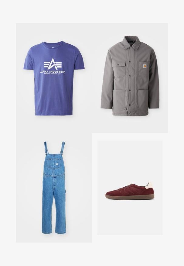 Grau, wasserabweisende Jacke mit Knopfverschluss, zwei Brusttaschen und zwei unteren Taschen. Verfügt über einen klassischen Kragen und ein Logo-Patch.; Lila Baumwoll-T-Shirt mit kurzen Ärmeln, das ein weißes Logo mit "ALPHA INDUSTRIES" und einem geometrischen Design zeigt.; Denim-Overalls mit verstellbaren Trägern, weitem Bein und einer Vordertasche mit Etikett. Hellblaue Farbe mit strukturierter Oberfläche.; Bordeauxrote Veloursledersneaker mit Schnürung vorne, strukturierten seitlichen Details und hellfarbigem Fersenakzent. Gummisohle mit glatter Oberfläche.