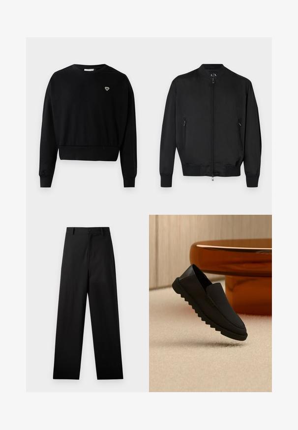 Zwarte bomberjas met voorrits, ritssluitingen aan de zijzakken, geribde manchetten en zoom, en een klein geperst logo op de borst.; Zwarte cropped sweatshirt met een ronde nek, lange mouwen en een klein geborduurd logo op de borst, gemaakt van een zachte katoenmix.; Zwarte broek van katoen met een rechte pijpdesign, voorzien van een sluiting met een knoop aan de voorkant en zijzakken. Gladde textuur, geen patronen.; Zwarte instapperschoen met dikke geribbelde zool die boven een beige tapijt zweeft voor een ronde amberkleurige tafel.