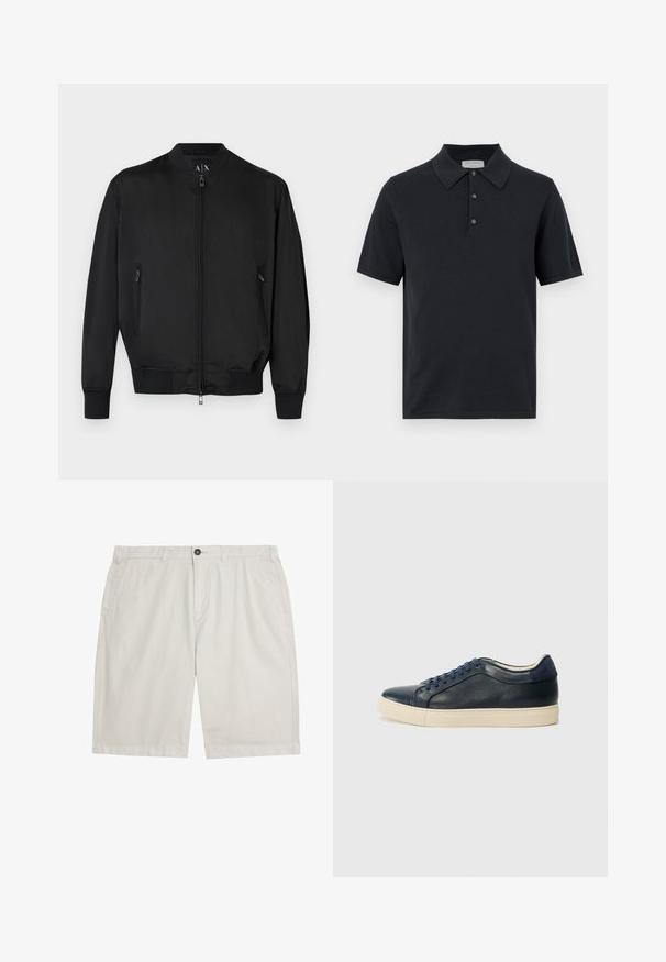 Schwarze Bomberjacke mit Frontreißverschluss, seitlichen Reißverschlusstaschen, gerippten Bündchen und Saum sowie einem kleinen geprägten Logo auf der Brust.; Schwarzes kurzärmeliges Poloshirt mit drei Knöpfen und spitzem Kragen, dargestellt vor einem schlichten weißen Hintergrund.; Hellbeige legere Shorts mit Gürtelösen, vorderem Knopf- und Reißverschluss sowie Seitentaschen, flach auf einem weißen Hintergrund liegend.; Dunkelblaues Leder-Sneaker mit cremefarbener Gummisohle, ausgestattet mit blauen Schnürsenkeln und einer glatten Textur. Abgerundete Zehenpartie und minimalistisches Design.