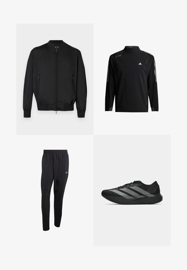 Zwarte bomberjas met voorrits, ritssluitingen aan de zijzakken, geribde manchetten en zoom, en een klein geperst logo op de borst.; adidas Originals Longsleeve - black; Zwarte sportbroek gemaakt van lichtgewicht materiaal, voorzien van een elastische tailleband en een klein reliëflogo op het bovenste gedeelte van het linkerbeen.; Zwarte sportieve schoenen met een lichtgewicht ontwerp, voorzien van drie opvallende grijze strepen, een gladde textuur en een gevormde zool.