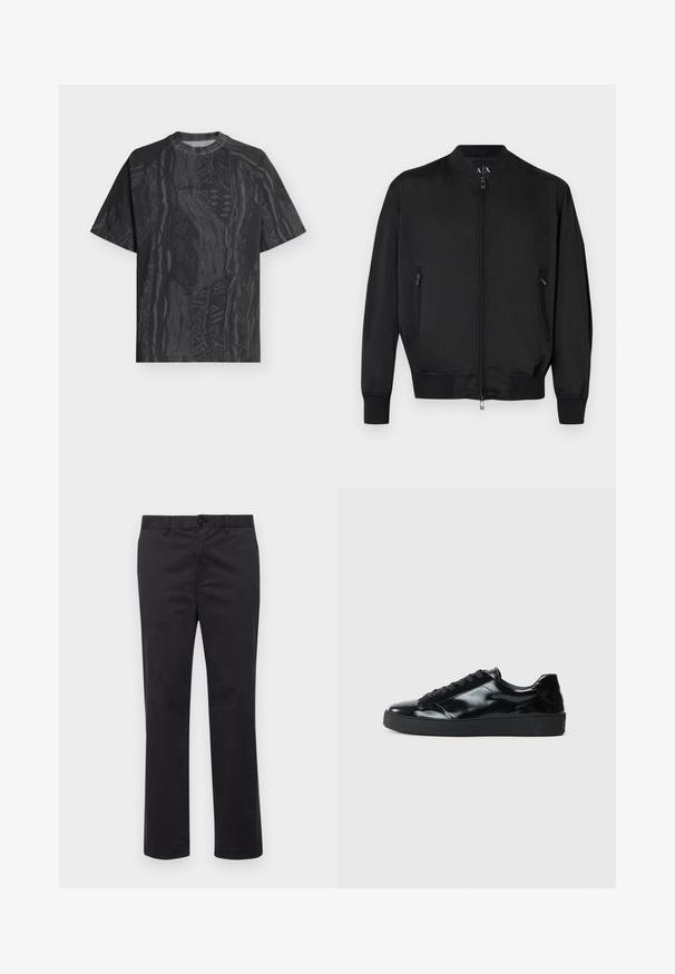 Blouson bomber noir avec fermeture éclair frontale, poches latérales zippées, poignets et ourlet côtelés, et petit logo embossé sur la poitrine.; T-shirt noir à manches courtes avec col rond, motif abstrait gris foncé subtil et tissu texturé, présenté à plat sur un fond clair.; Pantalons en coton noir avec une coupe droite, dotés d'une fermeture à bouton et de passants de ceinture. Texture lisse, sans motifs ni accents visibles.; Baskets en cuir verni noir avec un bout arrondi, un laçage, une semelle en caoutchouc texturé et une finition lisse.
