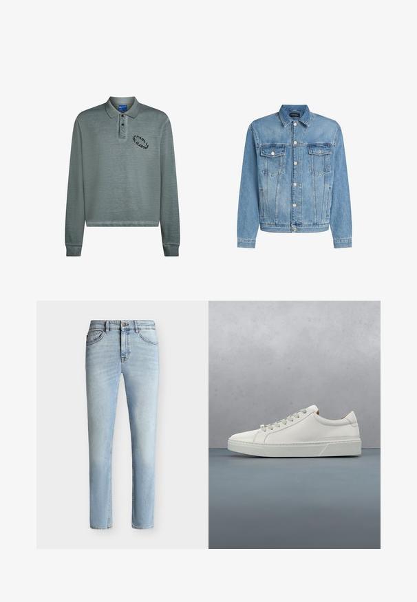 Hellblaue Jeansjacke mit klassischem Design, Frontknopfverschluss, zwei Brusttaschen und langen Ärmeln mit Knopfmanschetten.; Langarm-Polo in gedämpftem Blaugrün mit geripptem Kragen und Bündchen. Schwarze Logostickerei auf der Brust. Weicher, strukturierter Stoff.; Hellblaue Slim-Fit-Jeans aus Denim mit vorne Knopf und Reißverschluss, Fünf-Taschen-Design und subtiler Verblassung vom Oberschenkel bis zum Knie.; Weißes Leder-Sneaker mit abgerundetem Zehenbereich, minimalistisches Design, graue Schnürsenkel und einer strukturierten grauen Gummisohle. Dezente Nähte sichtbar.