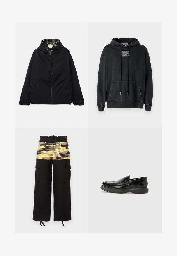Sort letvægtsjakke med hætte, frontlynlås, to sidelommer og et ternet for indeni. Har en afslappet pasform og glat tekstur.; Iceberg Hættetrøje - nero; Cargo bukser med et sort stof og en overdel med camouflage-mønster i nuancer af gul, grøn og brun; inkluderer justerbar talje.; Sort læderloafer med en blank finish, rund tå, subtile syninger og en tyk gummisål for holdbarhed.