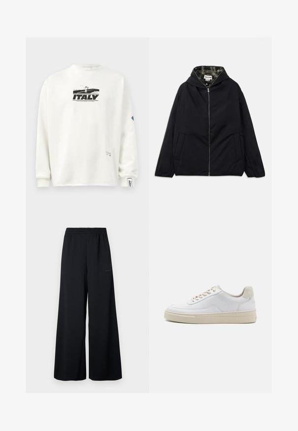 Veste noire légère avec capuche, fermeture éclair à l'avant, deux poches latérales et doublure à carreaux à l'intérieur. Présente une coupe décontractée et une texture lisse.; Sweatshirt blanc à manches longues avec un imprimé graphique noir de "ITALIE" et d'un personnage, en tissu texturé et avec des poignets côtelés.; Pantalons larges noirs en tissu en maille texturée. Dotés d'une taille élastique et d'une impression de logo discrète sur le côté.; Sneaker blanche avec un dessus en cuir lisse, des lacets beige et un onglet de talon en daim beige texturé. Semelle surélevée pour une hauteur supplémentaire.