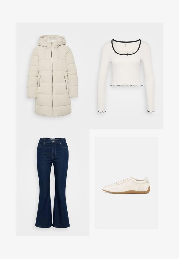 Beige puffjakke med hætte, quiltet design og lynlås foran. Har to sidelommer og en ribbet tekstur hele vejen rundt.; Hvid langærmet crop top med en bred sortkantet rund halsudskæring, en center bånd detalje, og flæser i sort ved ærmerne og kanten.; Mørkeblå, flagrende jeans lavet af denim, med høj talje, forfickter og metalknaplukning. Glat tekstur med ensartet syning.; Hvid lædersneaker med en glat tekstur, rund tå og tonale syninger. Har en tanfarvet gummisål og snørebånds-lukning.