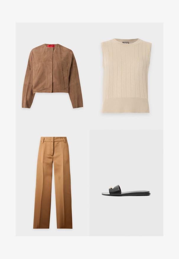 Veste courte en daim marron avec manches longues, col rond et deux poches avant, présentée sur un fond uni.; Pull beige sans manches en maille avec un motif côtelé vertical et un ourlet large, comprenant un col rond.; Pantalon marron camel taille haute, coupe droite, avec passants de ceinture et plis devant, présenté sur un fond uni.; Sandales noires à glissière avec un large dessus, texture en cuir lisse, design à bout ouvert et détail doré sur la sangle. Semelle plate.