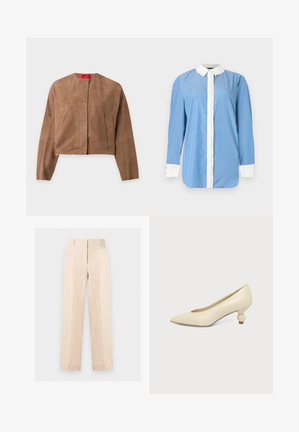 Veste courte en daim marron avec manches longues, col rond et deux poches avant, présentée sur un fond uni.; Chemise bleue à manches longues avec des rayures verticales blanches, un col blanc, une patte de boutonnage avant blanche et des poignets blancs avec boutons.; Pantalon beige taille haute droit avec pli sur le devant, fermeture éclair dissimulée et passants de ceinture, présenté sur un fond clair uni.; Chaussure femme couleur crème à bout pointu avec un petit talon rond en forme de boule, sur fond uni.