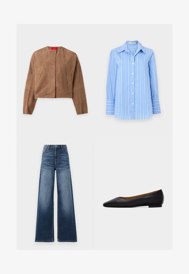 Veste courte en daim marron avec manches longues, col rond et deux poches avant, présentée sur un fond uni.; Chemise bleu clair à manches longues avec rayures blanches verticales et col pointu, présentée sur un fond blanc.; Jeans en denim à jambes larges de couleur bleu moyen, avec une taille haute, des dégradés, et un design classique à cinq poches avec des accents cousus.; Chaussure plate en cuir noir à bout pointu avec talon bas et finition lisse, vue de côté sur un fond gris clair.
